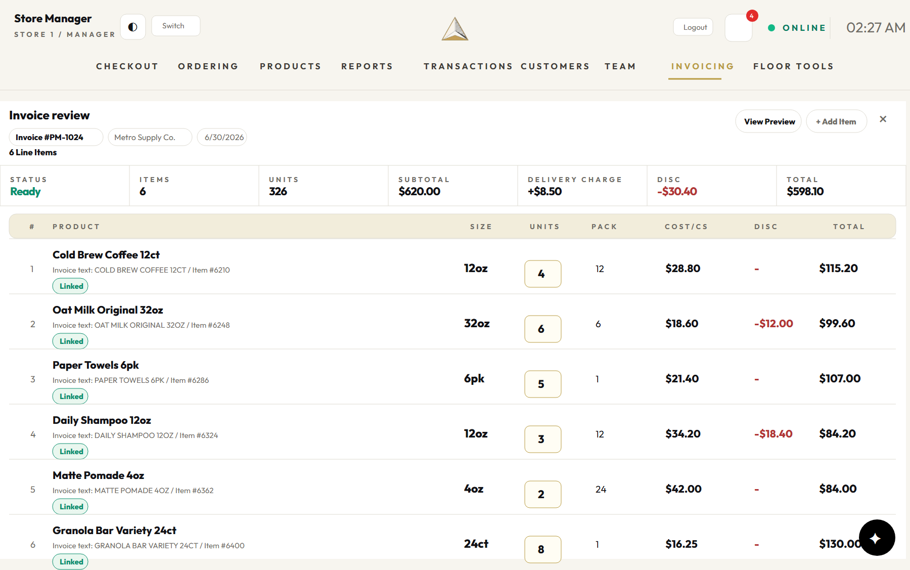 Invoice review screen